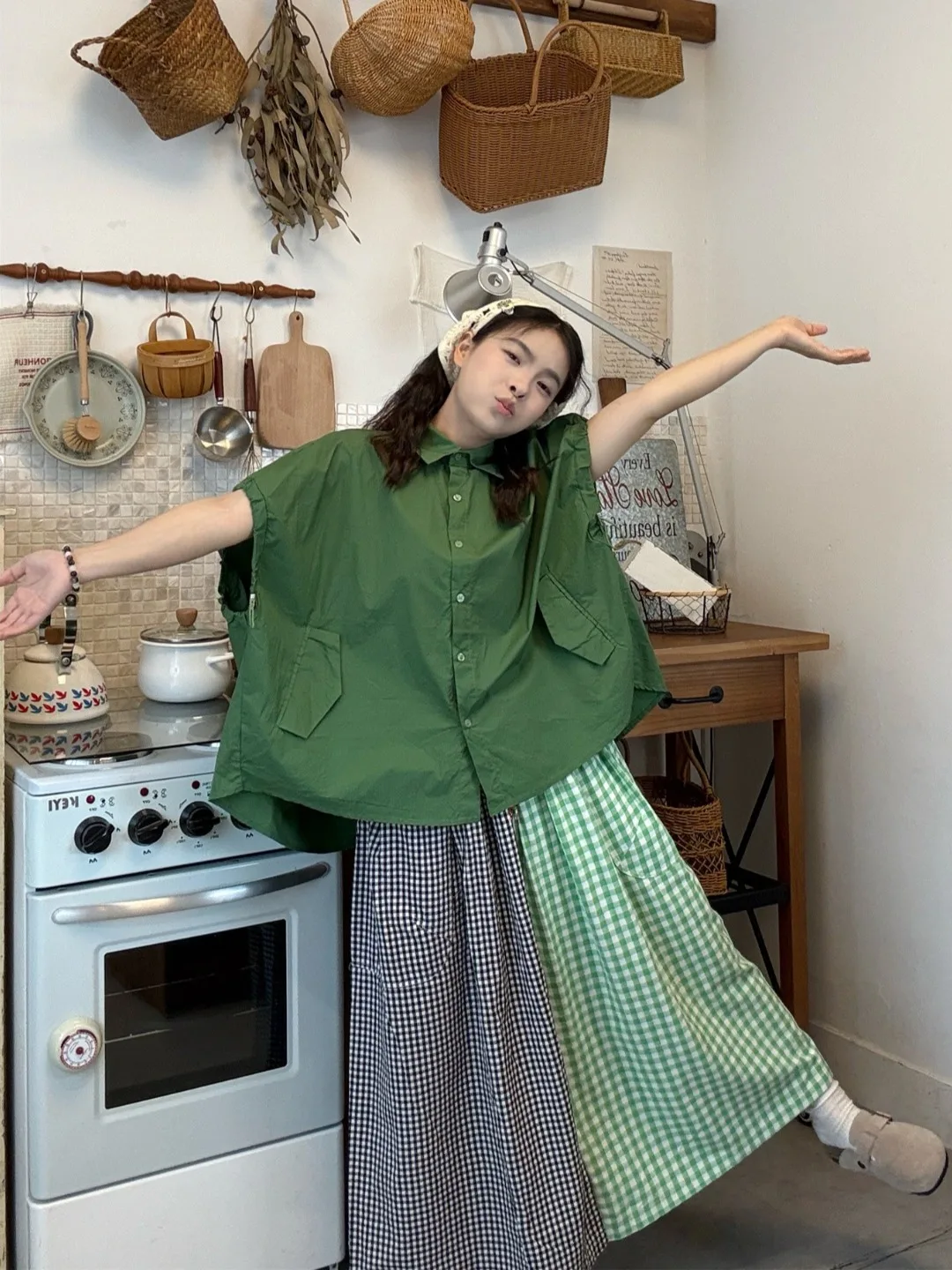 

plus Size Women's Lazy Sle Loose round Ne ort Sve irt Summer New Color Blo Plaid Skirt Faionable Outfit