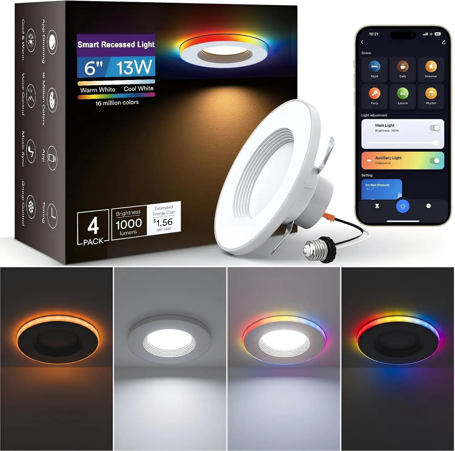 

Smart RGBCW LED Recessed Lights with Alexa/Google Control, Dimmable Color Changing Ceiling Light for Bedroom Living Room, 4-Pack