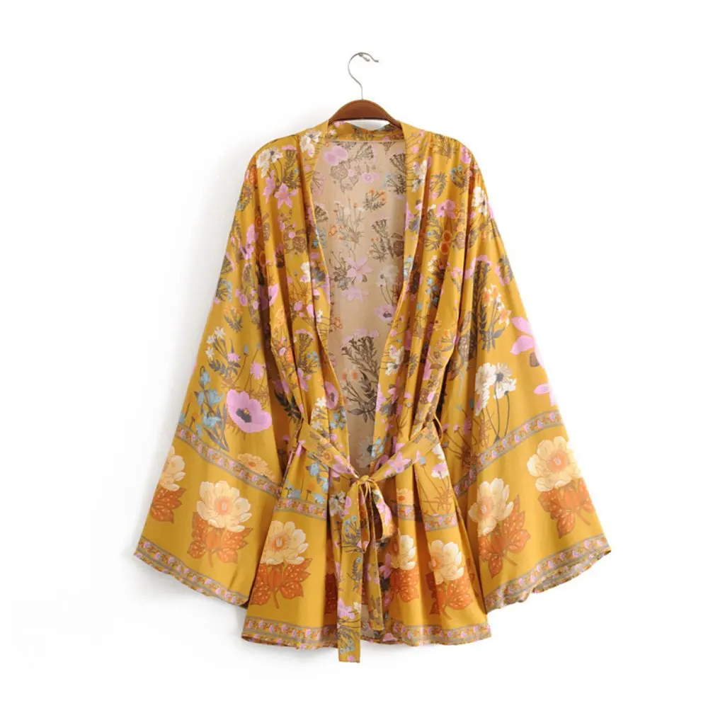 

Spring Summer Women's Cotton Kimono Jacket European American Style Printed Belt Wholesale New YP8370
