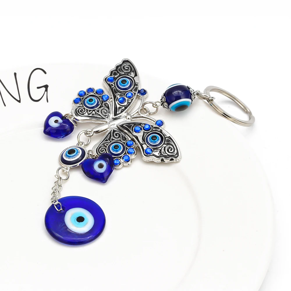 Lucky Eye Butterfly Pendant Wall Hanging Glass Heart Round Turkish Evil Eye Keychain Jewelry llavero porte clé מחזיק מפתחות