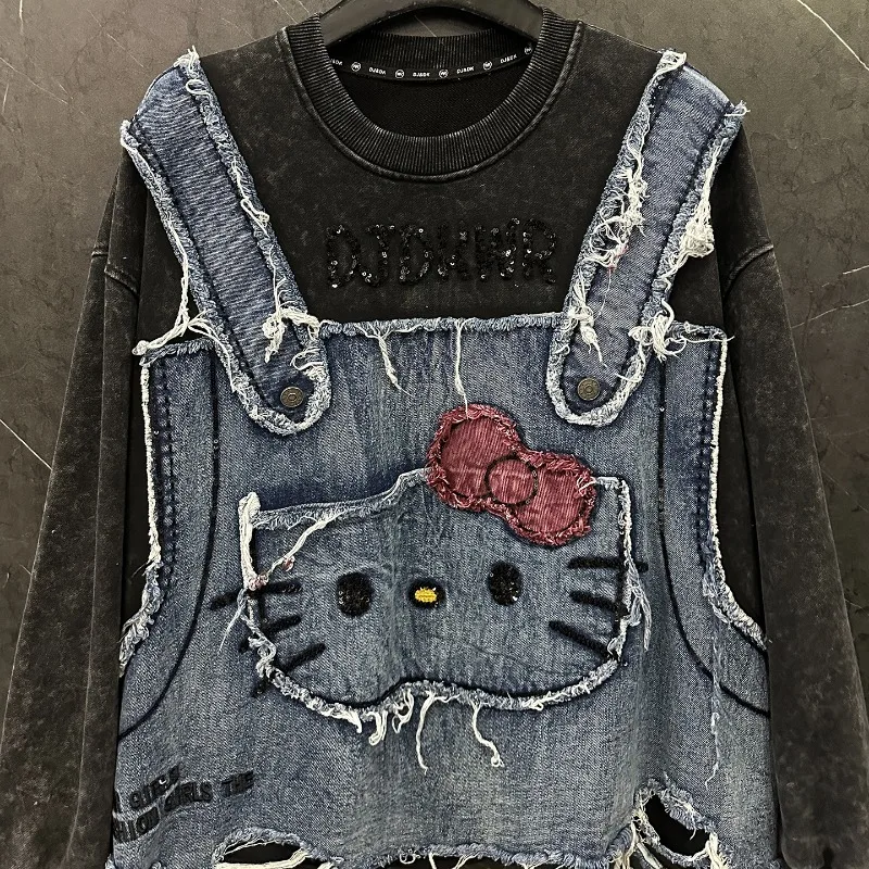 Jesienna bluza damska z efektem postarzenia, imitacja dwuczęściowej, z długim rękawem, okrągłym dekoltem, luźna, codzienna, słodka bluza Y2k z kapturem.