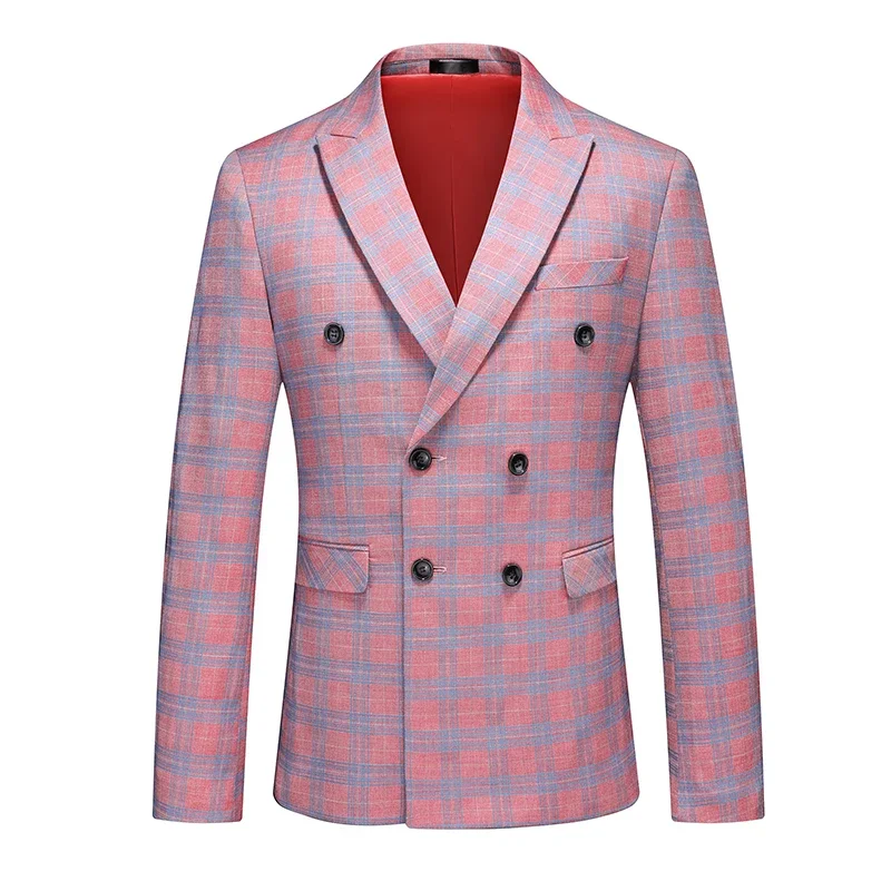 2024 New Red Double-breasted Men Striped Suit Jacket Fashion Slim Men Striped Plaid Dress Coat Red Purple Pink Gray Blazers 6XL