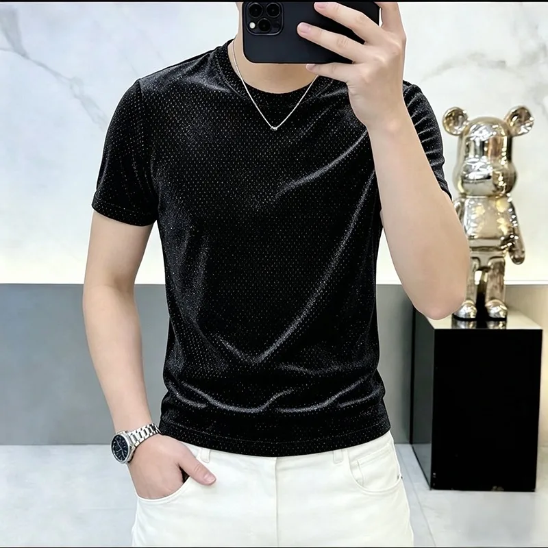 

Summer Shiny Short Sleeved T-shirt for Men Fashion Ice Silk Breathable Round Neck Casual T-shirts Street Wear Men Clothing M-5XL