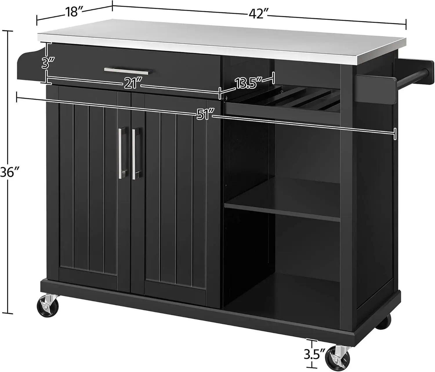 Кухонная тележка со столешницей из нержавеющей стали и шкафом для хранения, кухонный остров на колесах с выдвижным ящиком, открытыми полками и полкой для вина