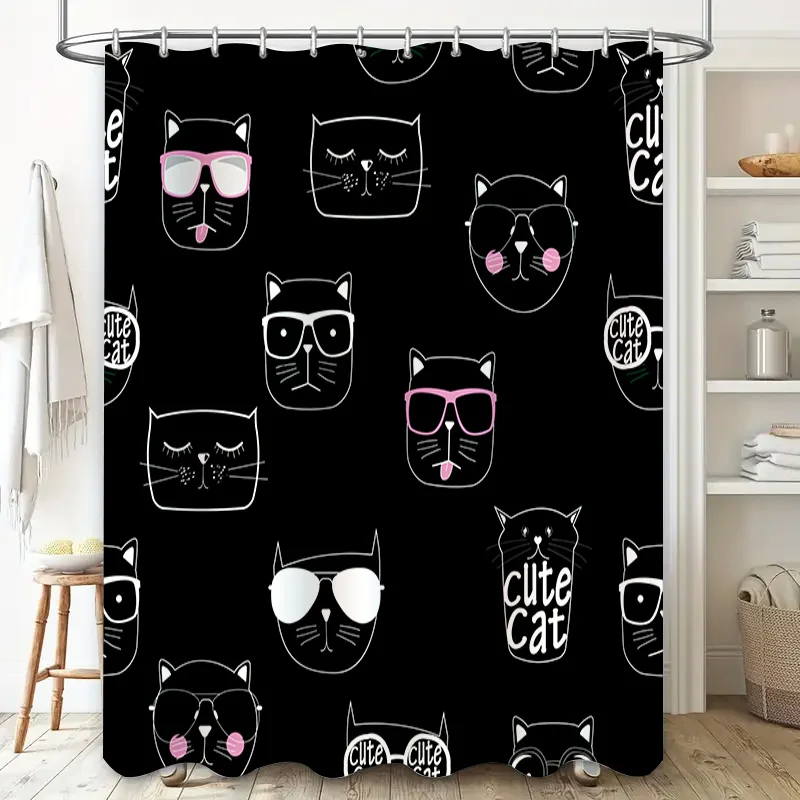 الحديثة القط الأسود طباعة دش الستار ديكور المنزل حمام نسيج مقاوم للماء 72x84 بوصة القطط السوداء النظارات الشمسية نص أبيض لطيف Ca #2