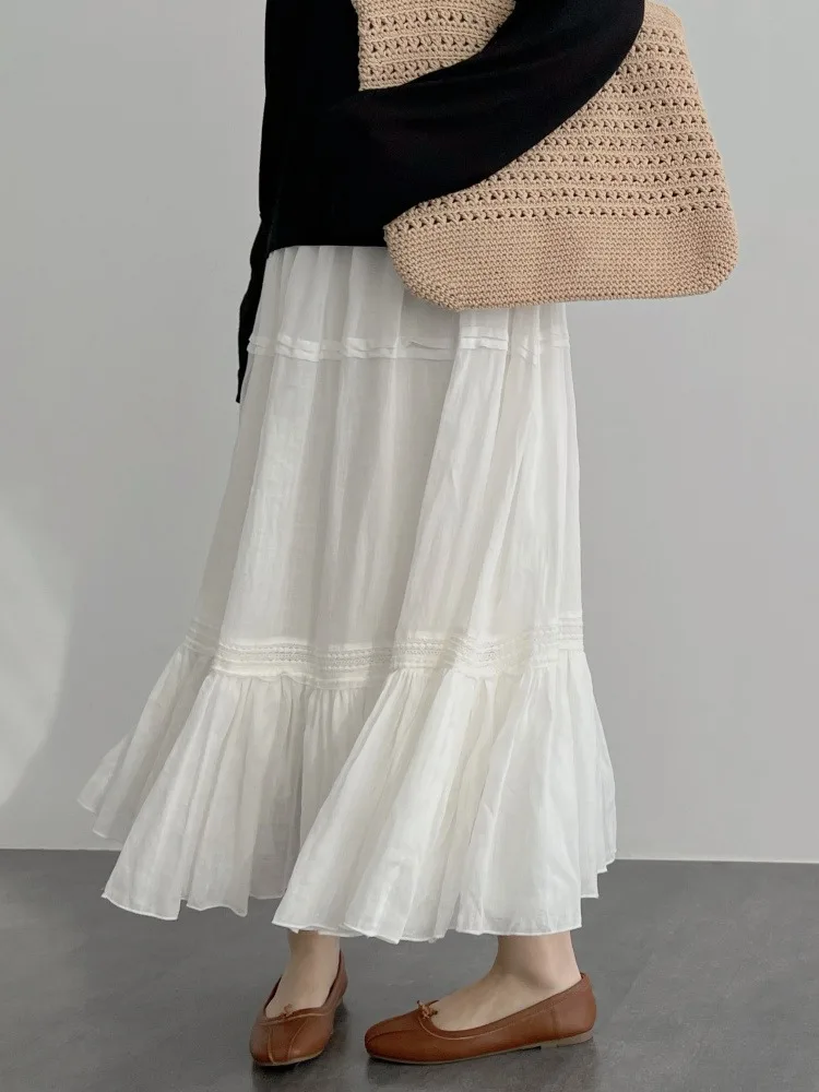 

Ele White A-Line Midi Skirt Women's Spring Summer f-length Fairy T Gently Flared Skirts Office Commute Sle