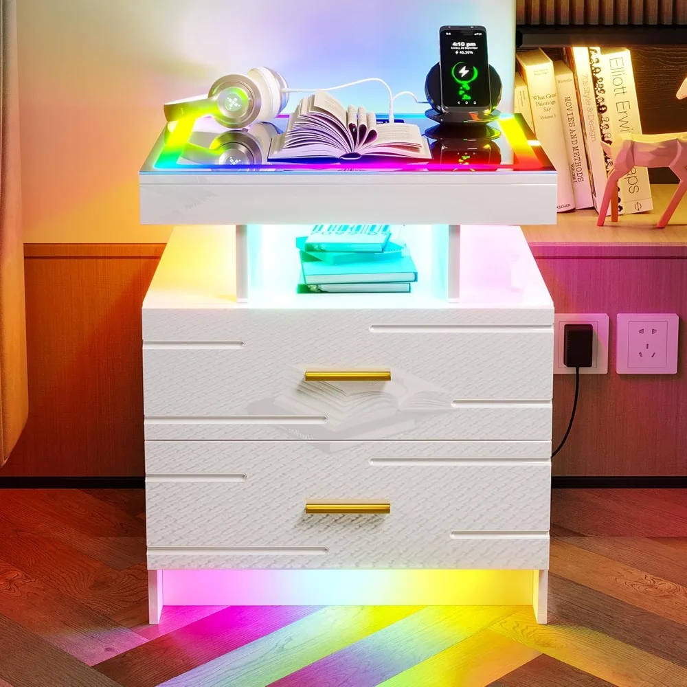 2-piece Set of Bedside Table with Wireless Charging Station, LED Lights, and 2 Drawers with Smooth Smart Bedside Table