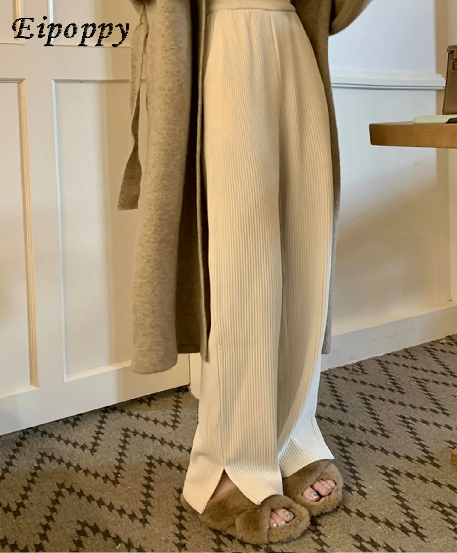 سراويل نسائية عالية الخصر سروال قصير بساق واسعة ، سراويل غير رسمية مبطنة بالصوف ، سراويل محبوكة ، الخريف والشتاء