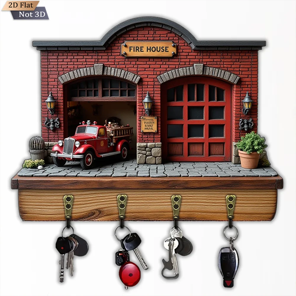 2D Flat, 1pc, Vintage Fire Truck Fire Station Key Hook Wooden Multifunctional Home Key Hook with Four Metal Hooks, Wall