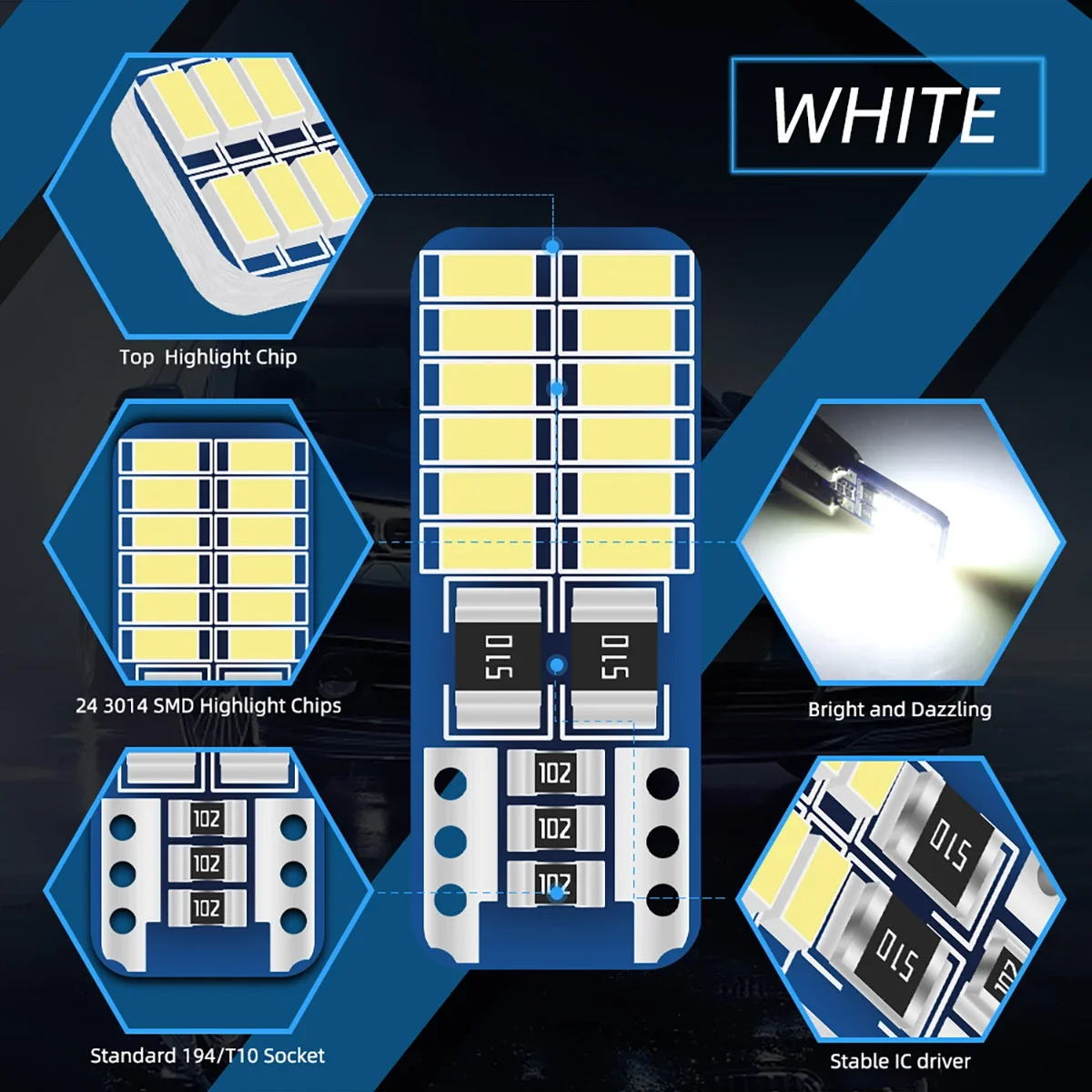 10/20/50x  Car Interior Bulb W5W T10 LED Canbus Error Free 194 168 Map Dome Lights Parking Light Auto Signal Lamp Reading Lights