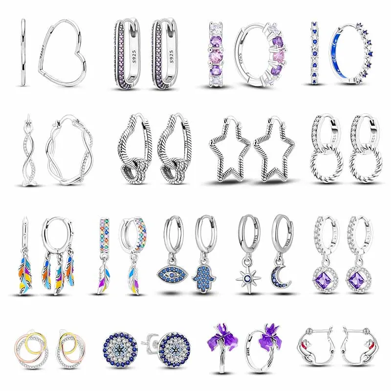 New 925 Silver Heart Sparkling Pave U Shape Moon Star Shape Hoop Earrings Original for Women Gift Wedding Party Fashion Jewelry