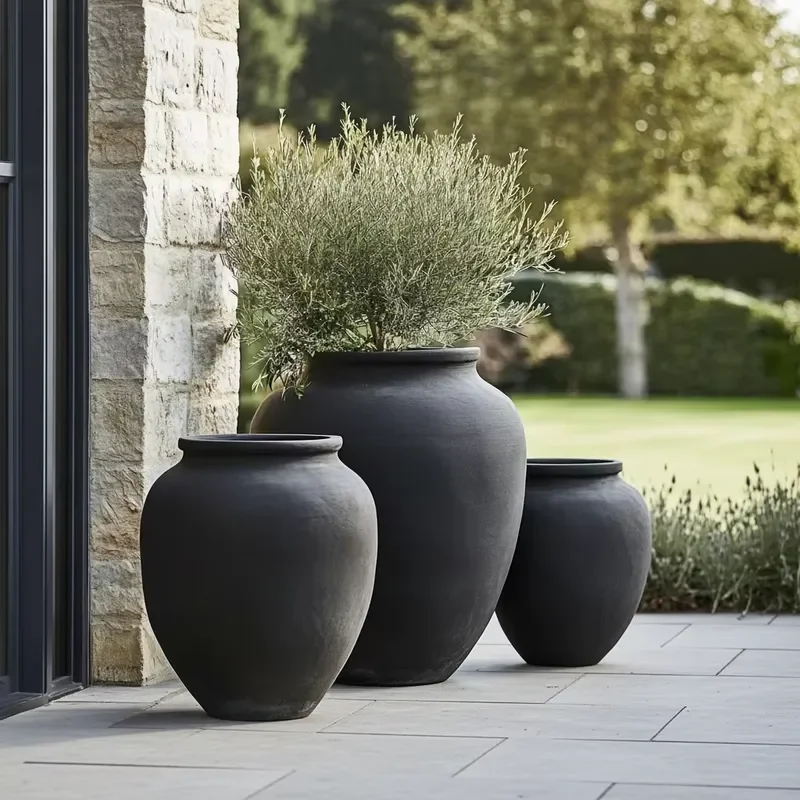 for Customized FRP Large Urn Jar Planter Set Matte Black Outdoor Commercial Garden Hotel Patio Landscape Flower Pot OEM