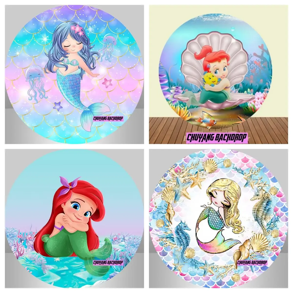 

Undersea Little Mermaid Ariel Shell Round Backdrop Cover Birthday Baby Shower Decors Cartoon Circle Arch Photography Background