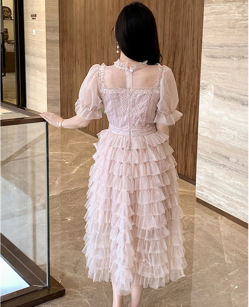 High Quality Luxury French Midi Pink Mesh Embroidery Dress Women Elegant Party Bubble Short Sleeve High Waist Puffy Cake Dress