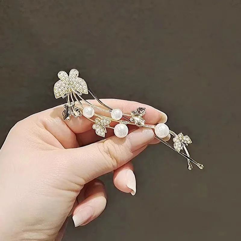 مشبك شعر من قطعة واحدة على شكل فراشة لؤلؤية على الطراز القديم، مشبك شعر لؤلؤي إبداعي ولطيف، شعر منحني ذهبي عتيق