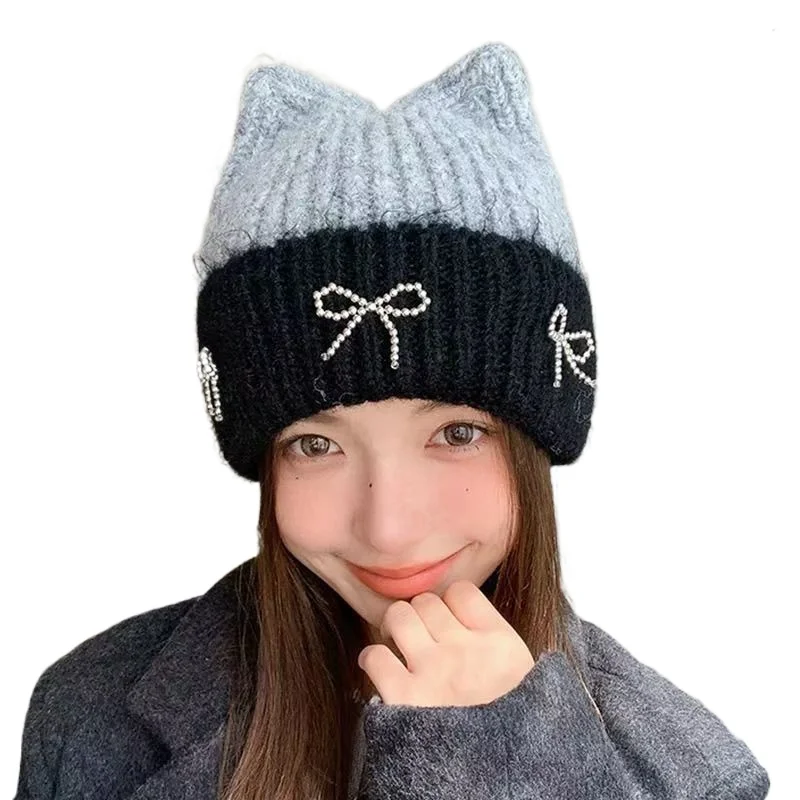 Cat Ears Knitted Hat Female Autumn Winter Cute Bow Outdoor Thickened Warm Wool Hat Shows Small Face and Big Head Circumference