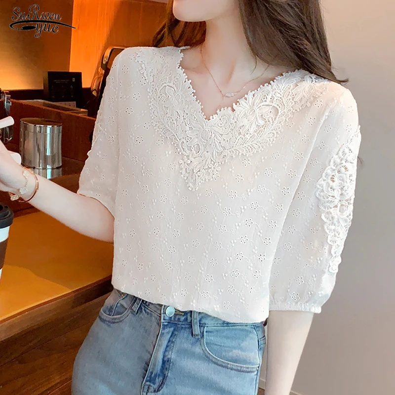 Casual Süße Kurzarm Chiffon Hemd 2023 Mode Nähte V-ausschnitt Weiß Tops Sommer Hohl Feste Dünne Spitze Bluse Dame 21880