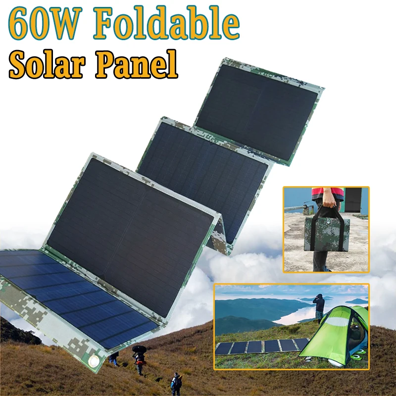 

60W Solar Panel 6 Fold 2 USB+DC Output 5V / 18V Outdoor Mobile Phone Camera Tablet Solar Power Charger Protable Emergency Power