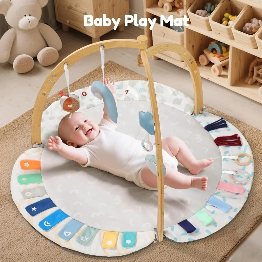 EXIN DECHEN Baby Play Gym Activity Mat إطار من الخيزران العضوي الطبيعي مع 4 ألعاب حسية قابلة للفصل بساط لعب وقت البطن لـ B