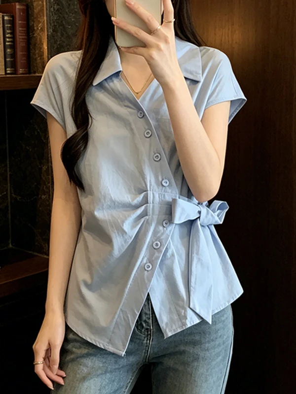 

2026 Summer New plus Size Shirt with Cross V-Neck Short Sleeve Outerwear for Women Skin-friendly Breathable Korean Style