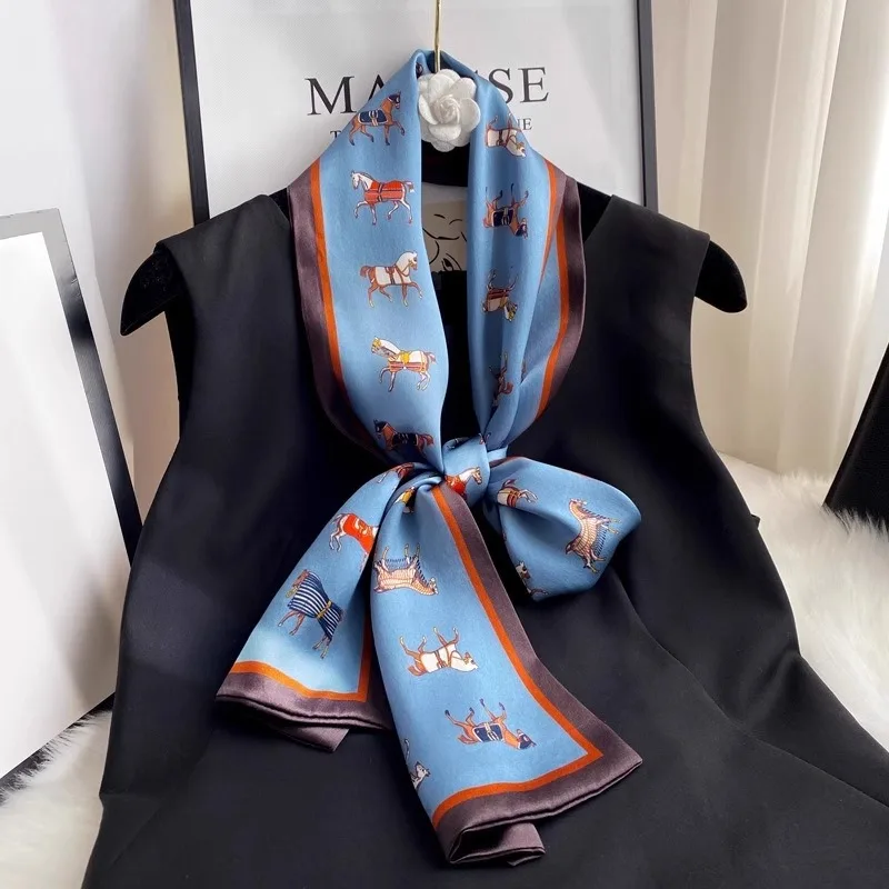 

Длинный шарф с британской военной лошадью, женский весенне-летний универсальный шелковый шарф на голову, шелковый атлас тутового цвета 15*145