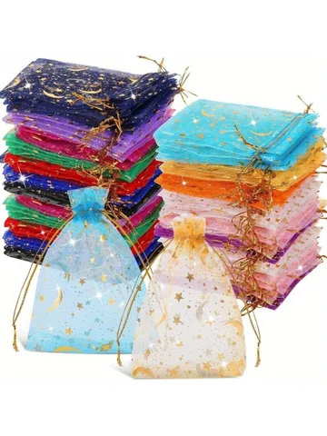 50PCS Moon Stars Drawstring Organza Bags Jewelry Gift Bags Pouches Gold Star Organza Favor Pouches for Christmas Wedding