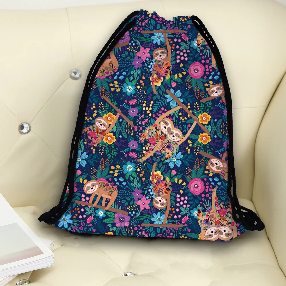 Sloth Print Pattern Foldable Backpack Waterproof Drawstring Backpack Outdoor Sport Fitness Storage Bag Thick Rope Polyester Bag