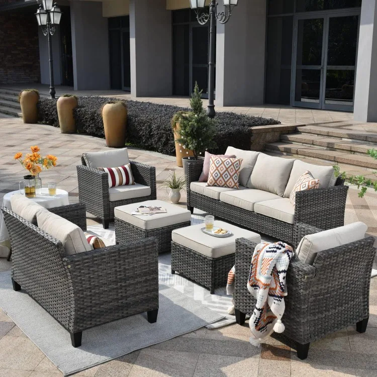 Patio Furniture Set, 6 Pieces Outdoor Wicker Rattan Sofa Couch with Loveseat, Ottomans and Comfy Cushions, All Weather