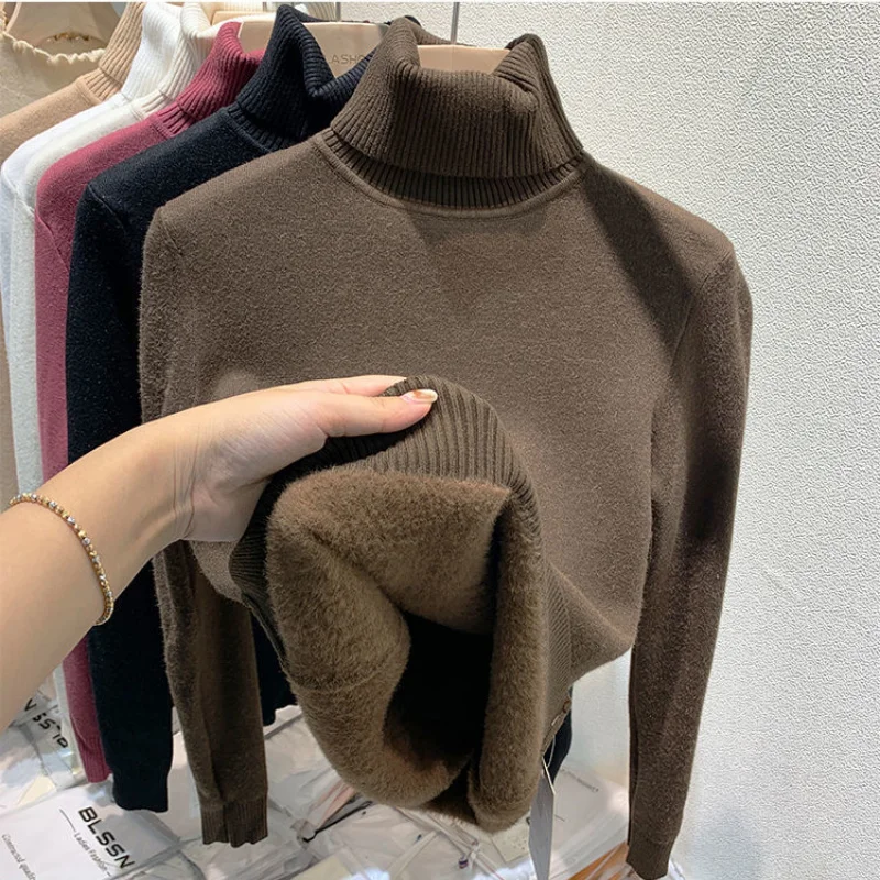 Autumn Winter New Fleece Thickened High Neck Sweater Women Solid Fashion Simple Temperament Warm Patchwork Long Sleeve Knit Top