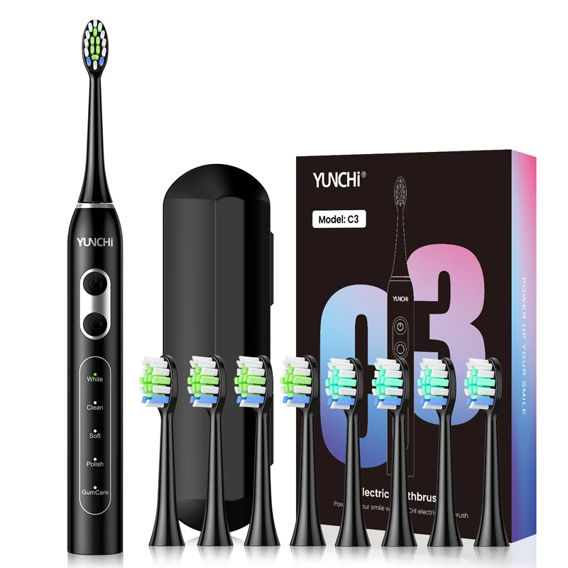 

Yunchi C3 Sonic Electric Toothbrush Waterproof Rechargeable 2Mins Timer 5 Modes Tooth Brush With 8 Replacement Heads Travel Case
