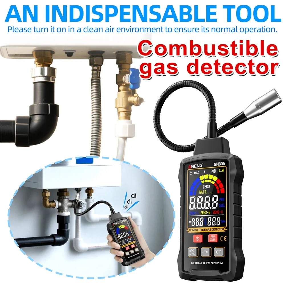 ANENG GN806 Combustible Gas Detector 0‑9999PPM 0‑20%LEL Adjustable Sensitivity VA Color Screen Buzzer Alarm Natural Gas Leak