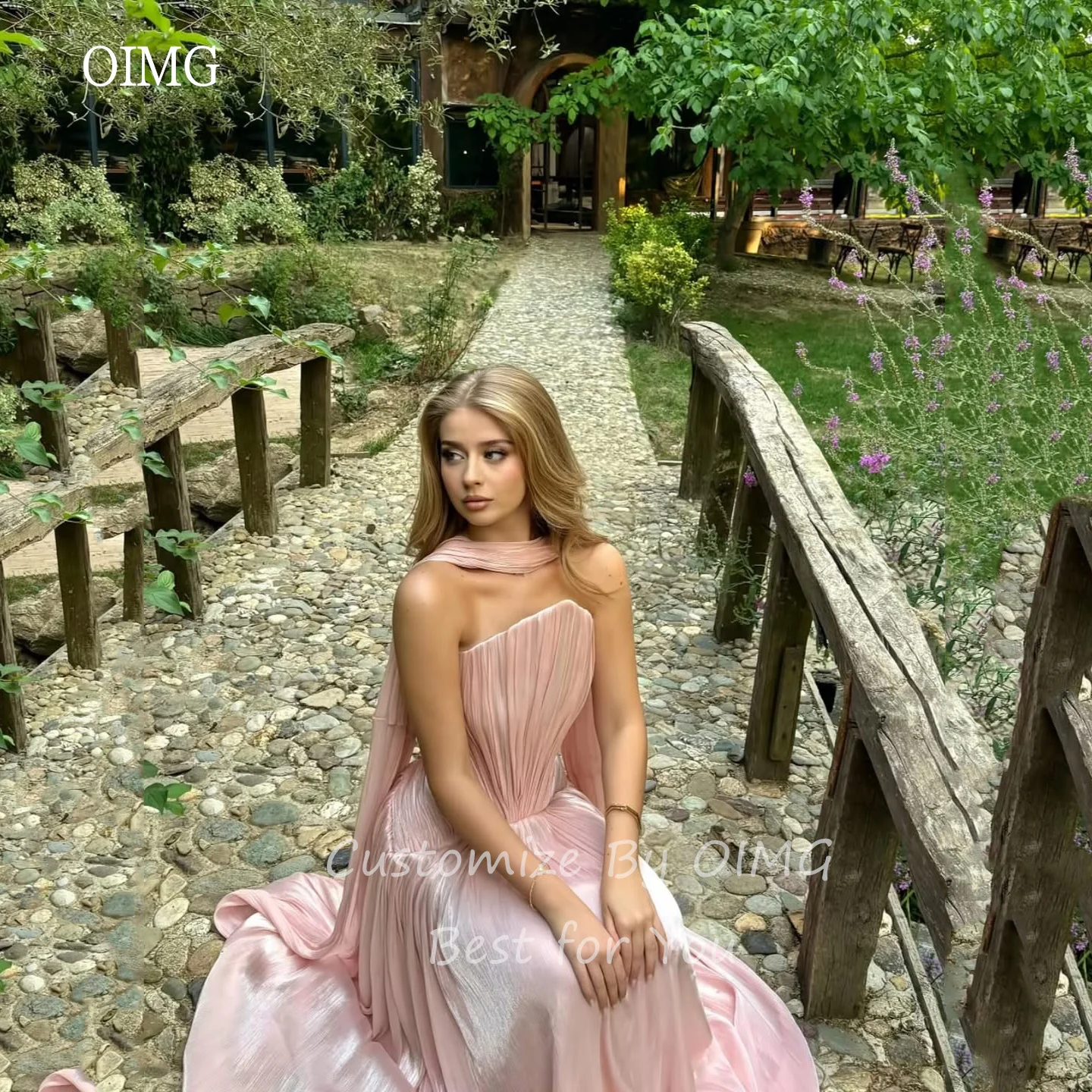 OIMG สีชมพูเงา A Line ชุดราตรีเปิดหลังจีบชุดราตรียาวชุดราตรีชุดราตรีแบบกำหนดเอง
