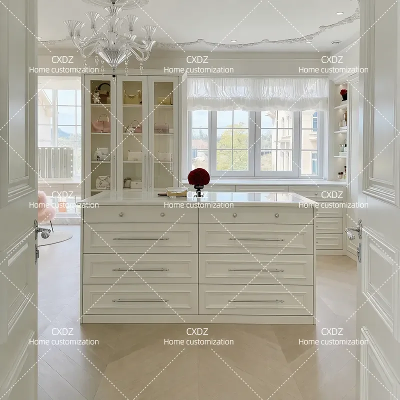 White Solid Wood Kitchen Island Cabinet with Jewelry Display and Storage Light Luxury Household Middle Island