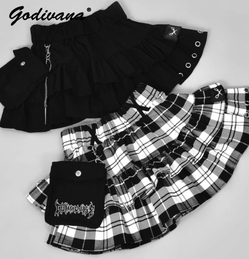 Spring and Autumn Harajuku Japanese College Punk High Waist Skirt for Women Chain Decorative Ruffled Casual Ladies Mini Skirt