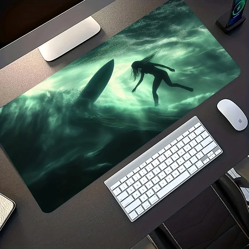 Oversized Gaming Desk Mat Teal Ocean Wave Surfboard Print Non Slip Washable Rubber Computer Desk Decor For Office Home
