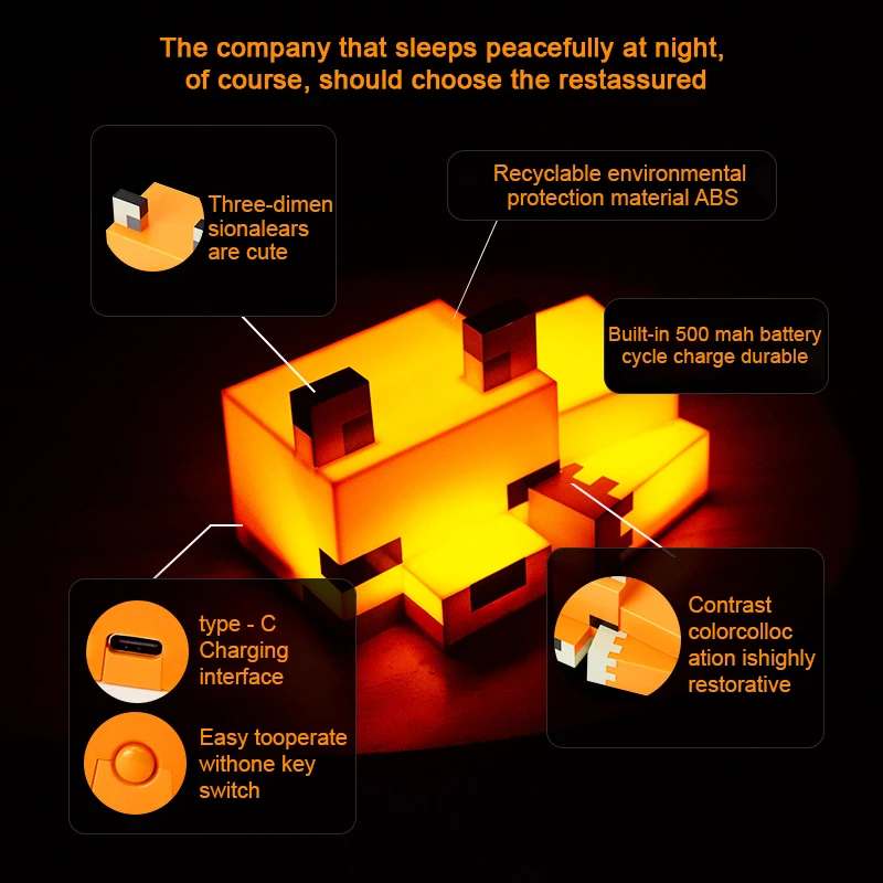 MC Game Cute Fox Night Light Soft Orange Glow ديكور مرخص رسميًا ومصباح مكتبي لغرفة الألعاب أو الأطفال وغرفة نوم توين