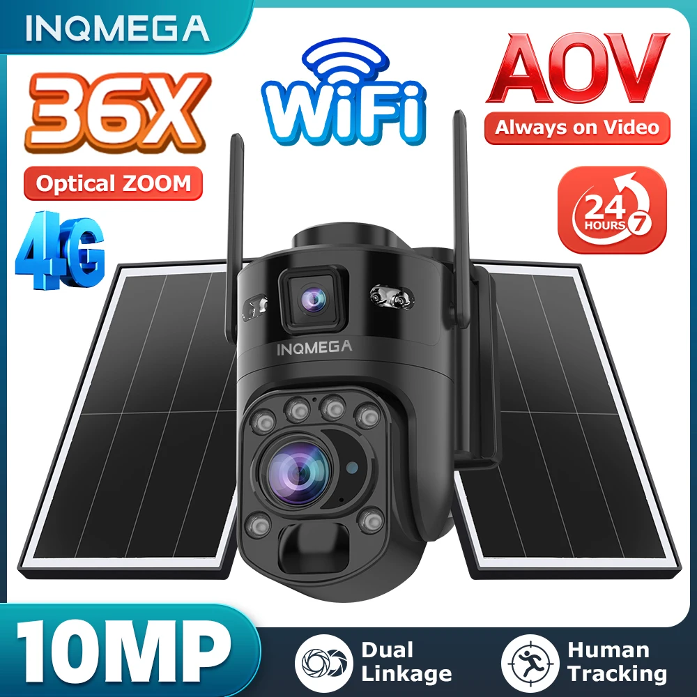 INQMEGA 10MP Dual Lens Solar PTZ Camera 36X Optical Zoom 4G WiFi AOV 24/7 Record Human Auto Tracking 2-Way Audio Night Vision