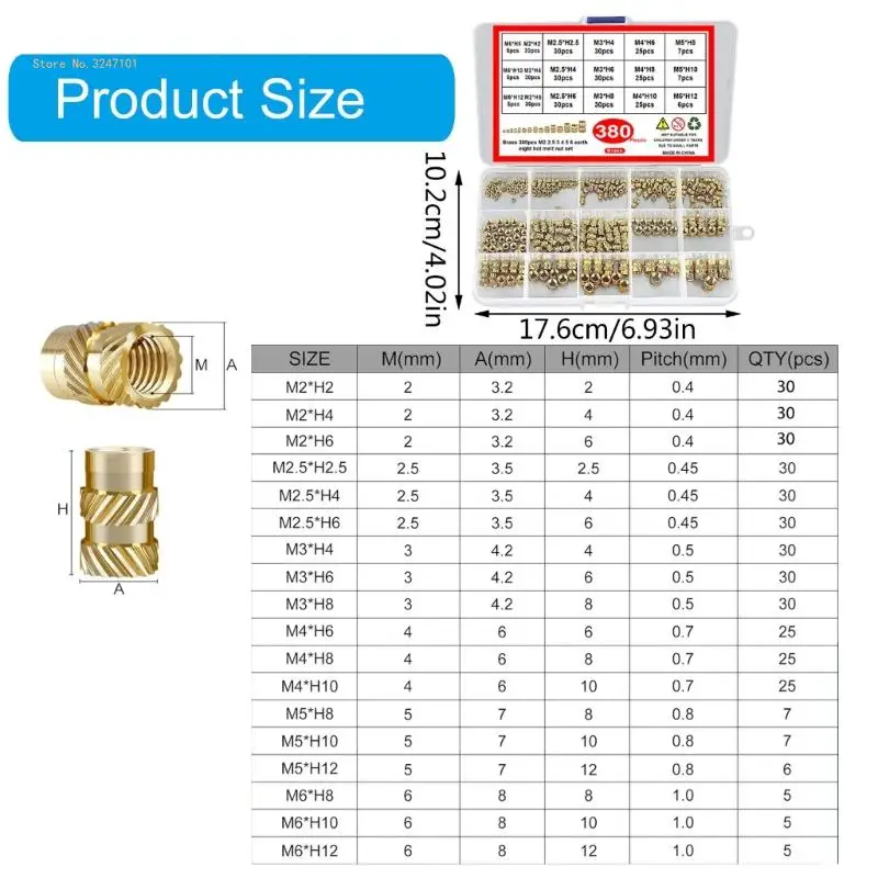 380 Stück metrische Gewindeeinsätze 2/2,5/3/4/5/6 mm gerändelter Innengewinde-Muttereinsatz