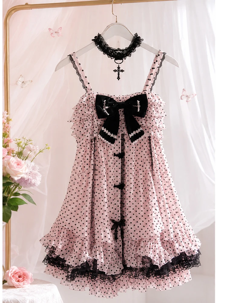 Japnese Kawaii Lolita Strap Mini Dress Pink Dot Print Velvet Bow Tiered Ruffle Black Lace Hem Daily Streetwear Outfit Women 2026