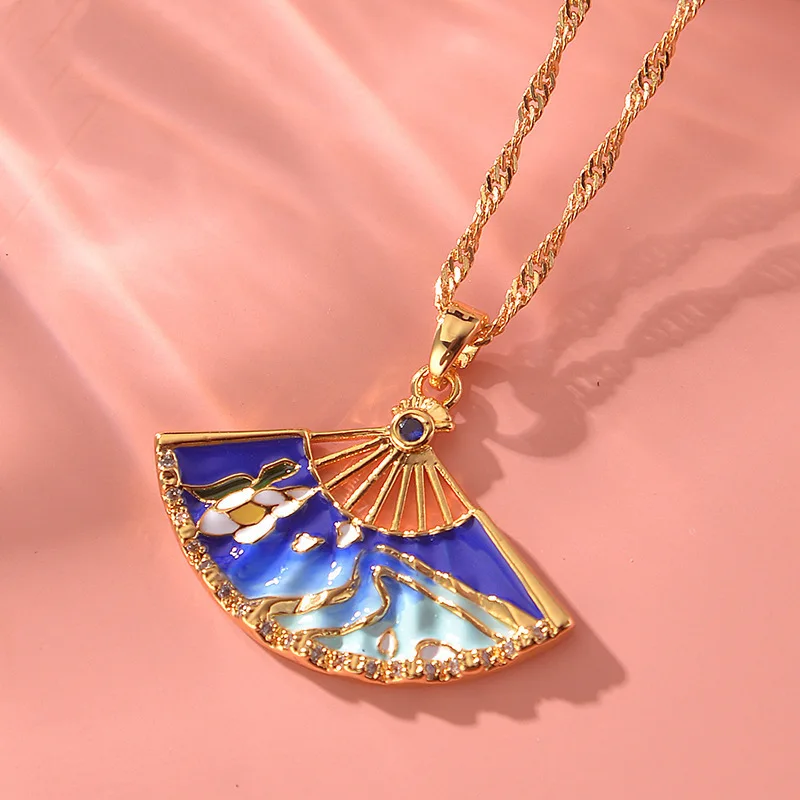 Original Design Blue Enamel Landscape Painting Fan Necklace floral Pendant Art Retro Sense Exquisite Jewelry for women Gift
