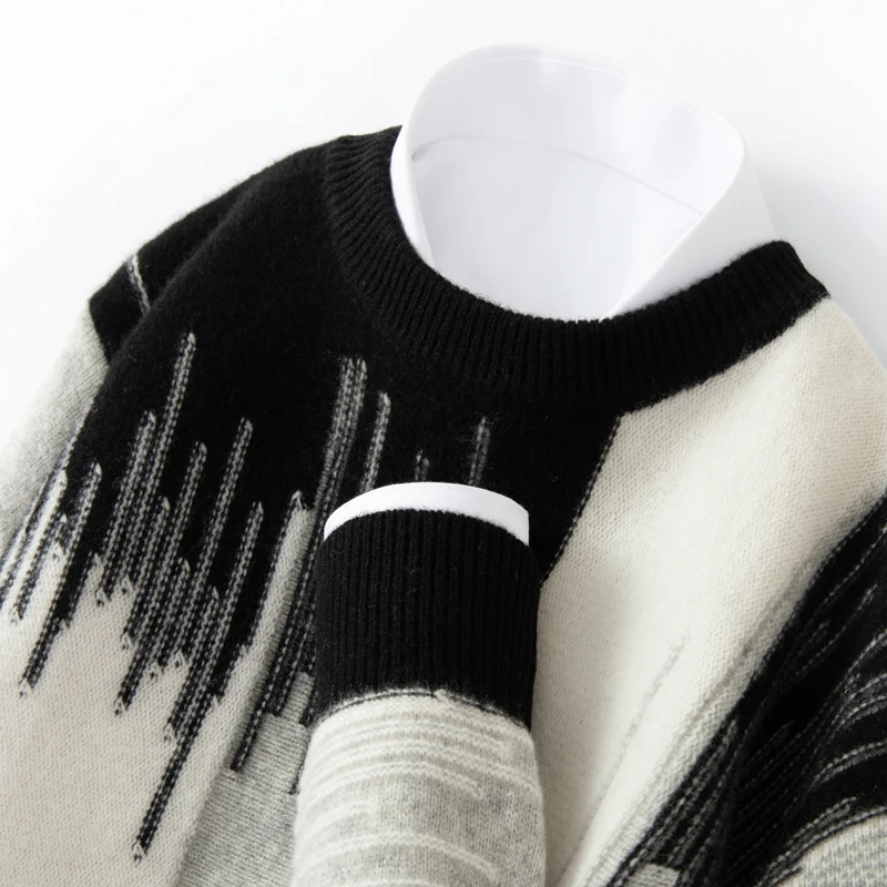 Autumn And Winter New 100% Pure Wool Men's Round Neck Contrast Thick Warm Sweater Loose Cashmere Knit Bottoming Shirt