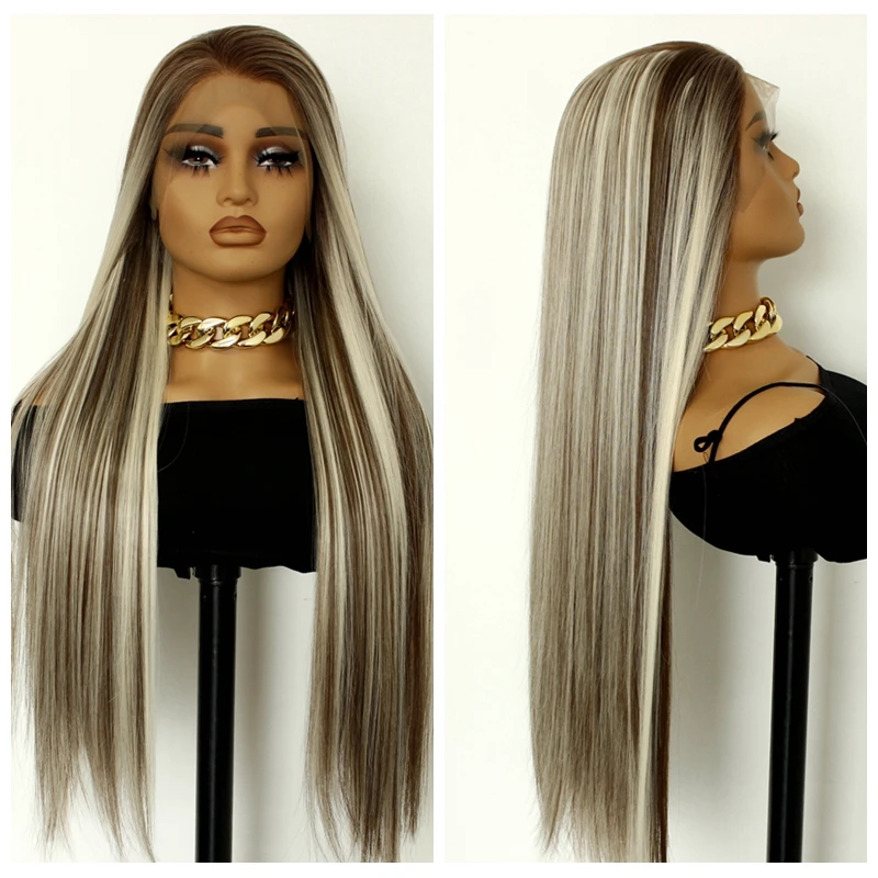 

Highlight Brown 13x4 Lace Front Wig Synthetic Lace Wigs for Women Ombre Brown Mixed Blonde Glueless Heat Resistant Fiber Hair