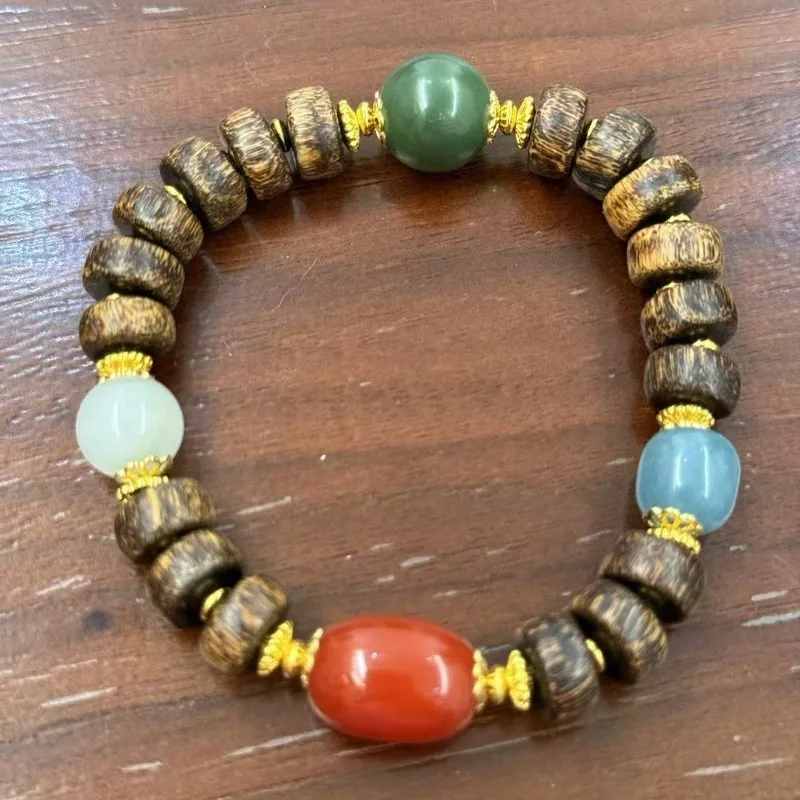 Agarwood Medicine Beads Tianshan Jade Red Agate Designer Bracelet Minimalist New Chinese Style Handmade Daily Wear Jewelry Gift