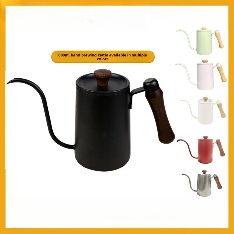 Wooden Handle Gooseneck Coffee Pot, 600ml Hand Drip Kettle with Lid, Stainless Steel Pour Over Brewer