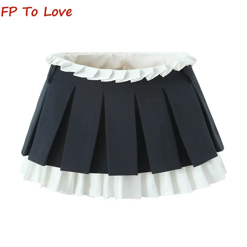 Vintage College Style Khaki Pleated Skirt Splicing Backless Navy Blue Sexy Hottie High Waist A-Line Skirt