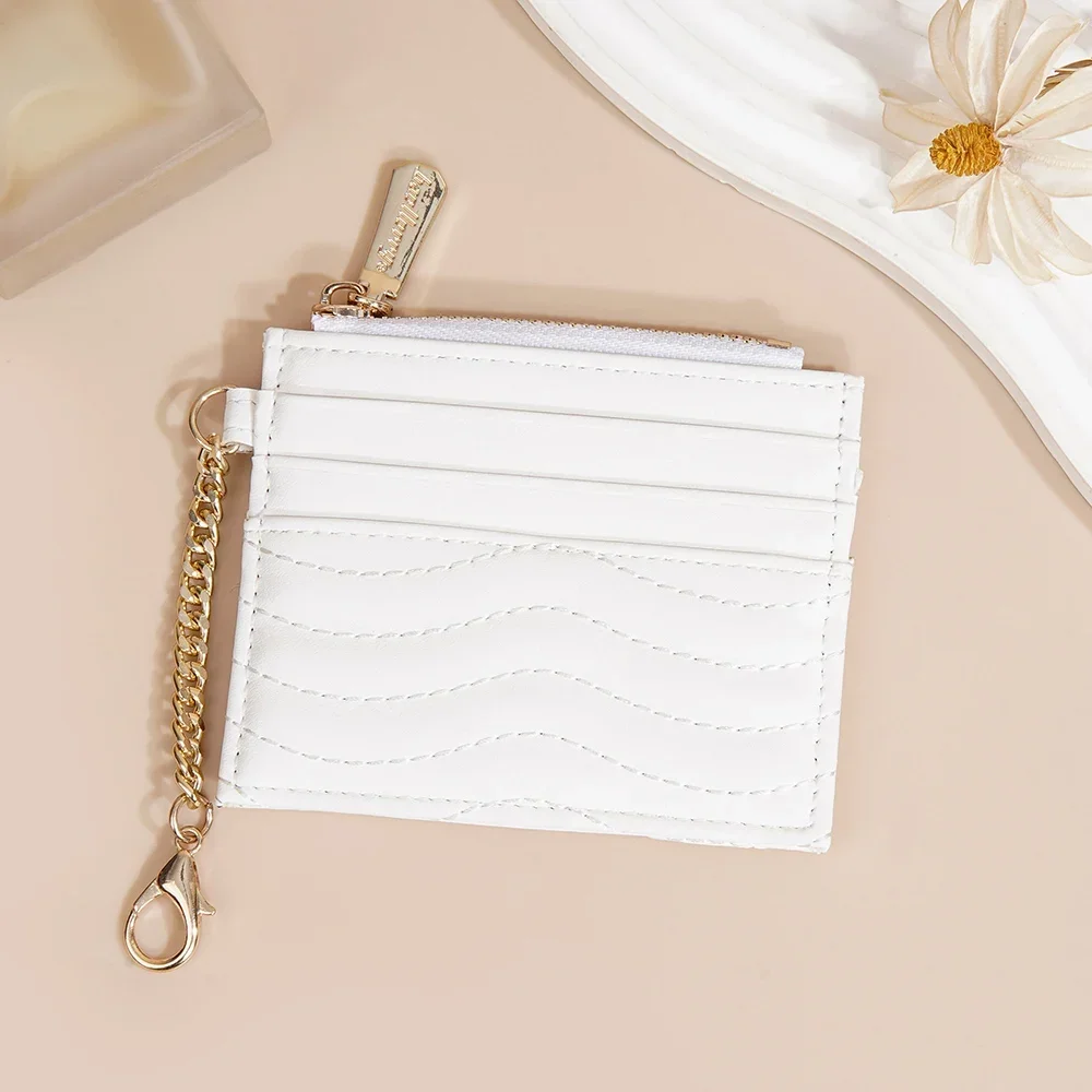 Small Wallets for Women Thin Zipper Coin Purse Mini Credit Card Holder Wallet Slim Leather Card Wallet with Anti-thief Chain