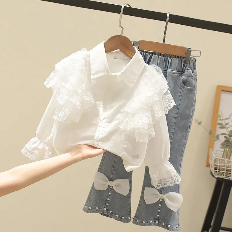 

Girls Set Spring and Autumn New Korean Fashion Lace Doll Collar Shirt Bow Jeans Two Piece Set Kids Clothes Girls