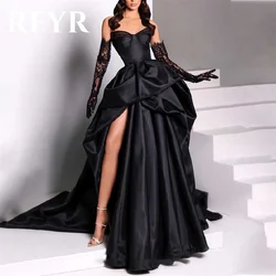 RFYR Black Evening Gown A-Line Sweetheart Prom Dress Off The Shoulder Pleats Stain Evening Dress with Side Slit robes de soirée