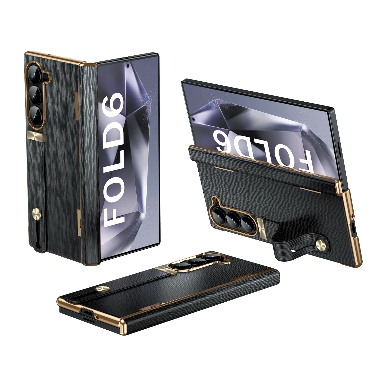 

For Samsung Galaxy Z Fold 7 6 5 4 5G With Screen Protect Film Hinge Plating Frame Leather Phone Case With Wrist Strap Bracket