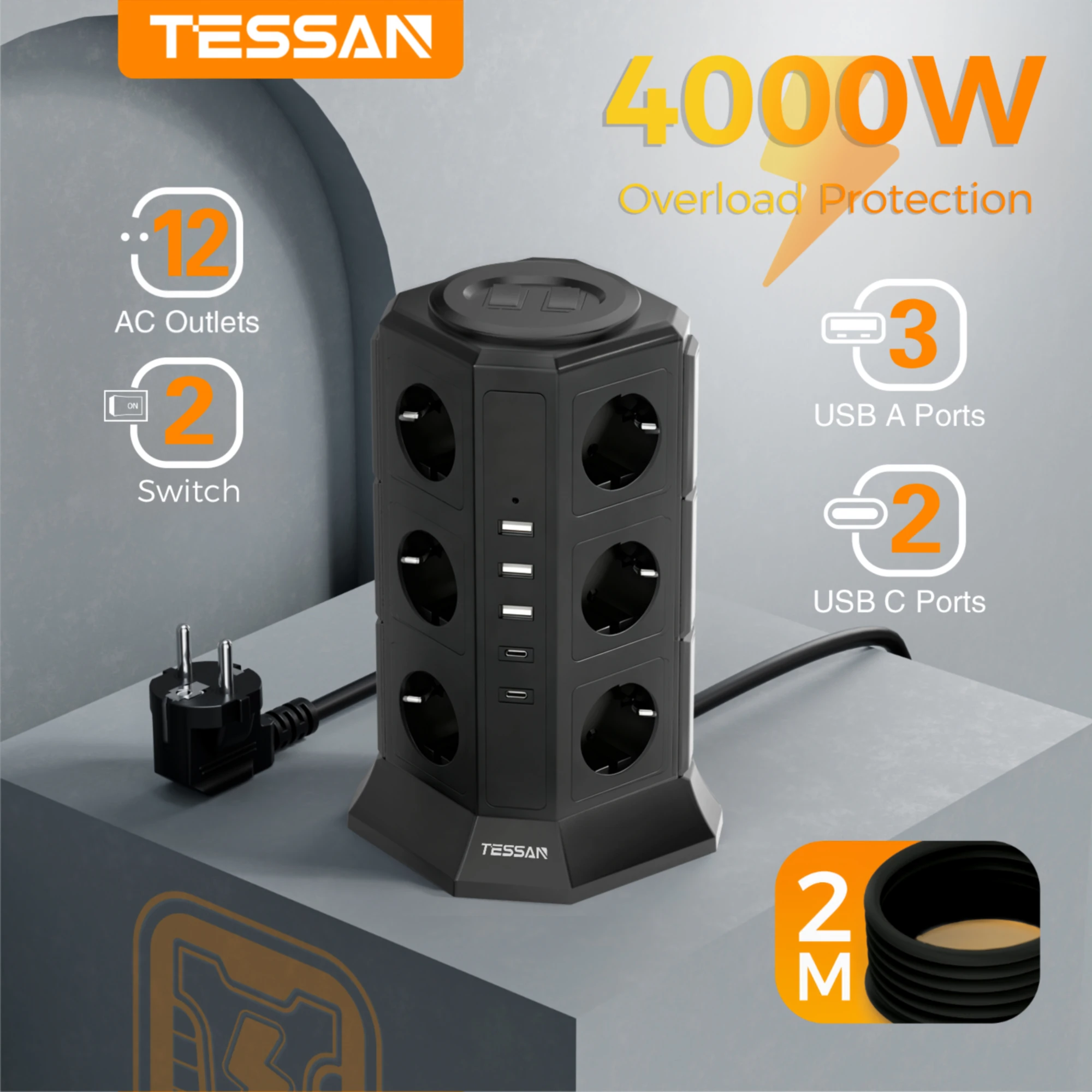 

TESSAN 2 Switch Tower Power Strip with 12 AC 3 USB A 2 USB C Ports Vertical Electric Socket with 2M Extension Cord for Home 멀티탭